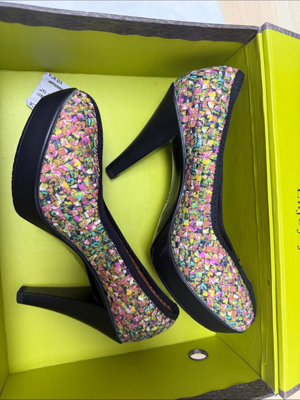 bernie mev. Multicolor Woven Platform Pumps in Pink, Yellow, Green and Black